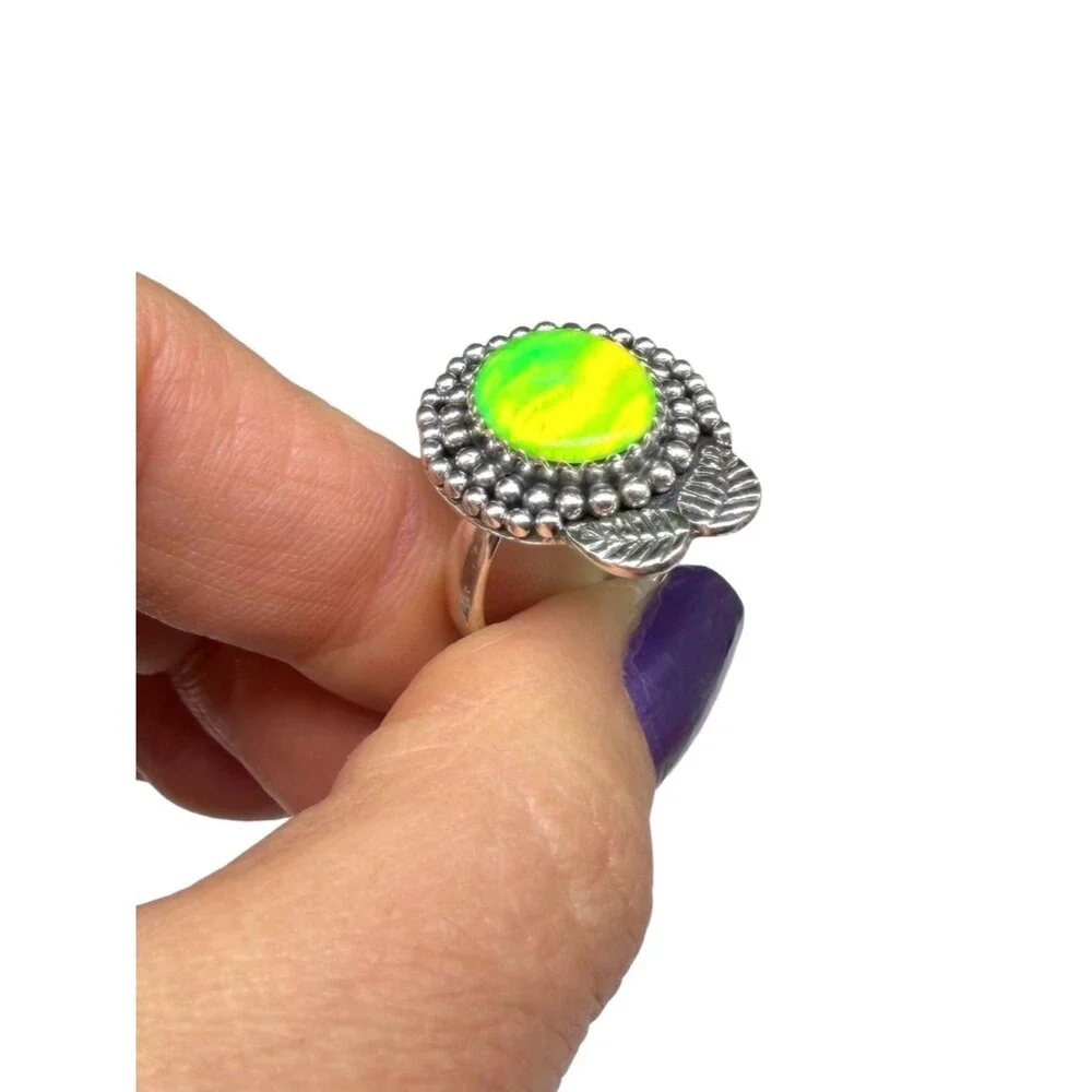 Lime Green Aurora Opal Ring Size 6.5 Solid 925 Sterling Silver Aura